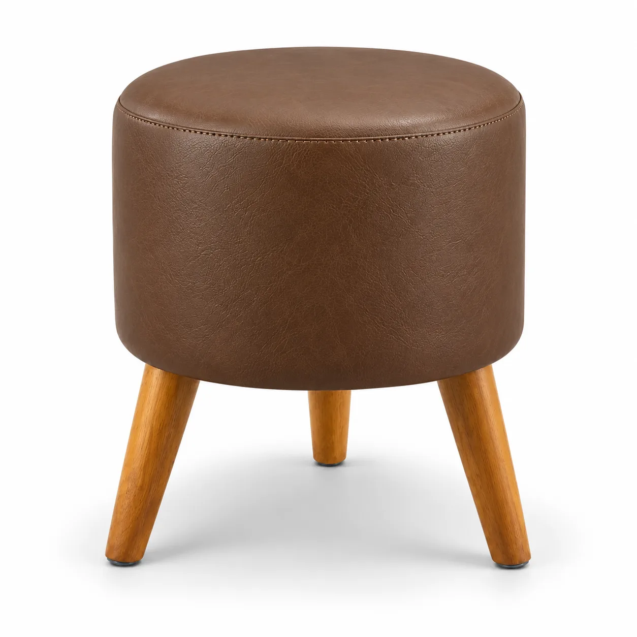 Banqueta Puff Redondo Cuero Café Patas de Madera Neva