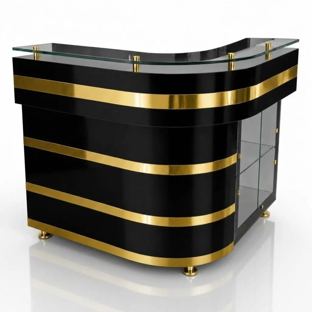Mueble Recepción Negro Dorado con Vitrina y Cristal Zeno