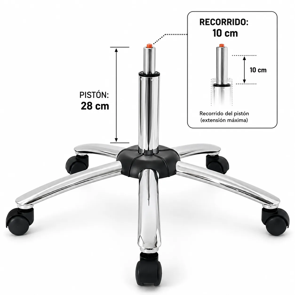 Base Hidráulica Baja con Pistón de 28 cm y Ruedas Cromadas