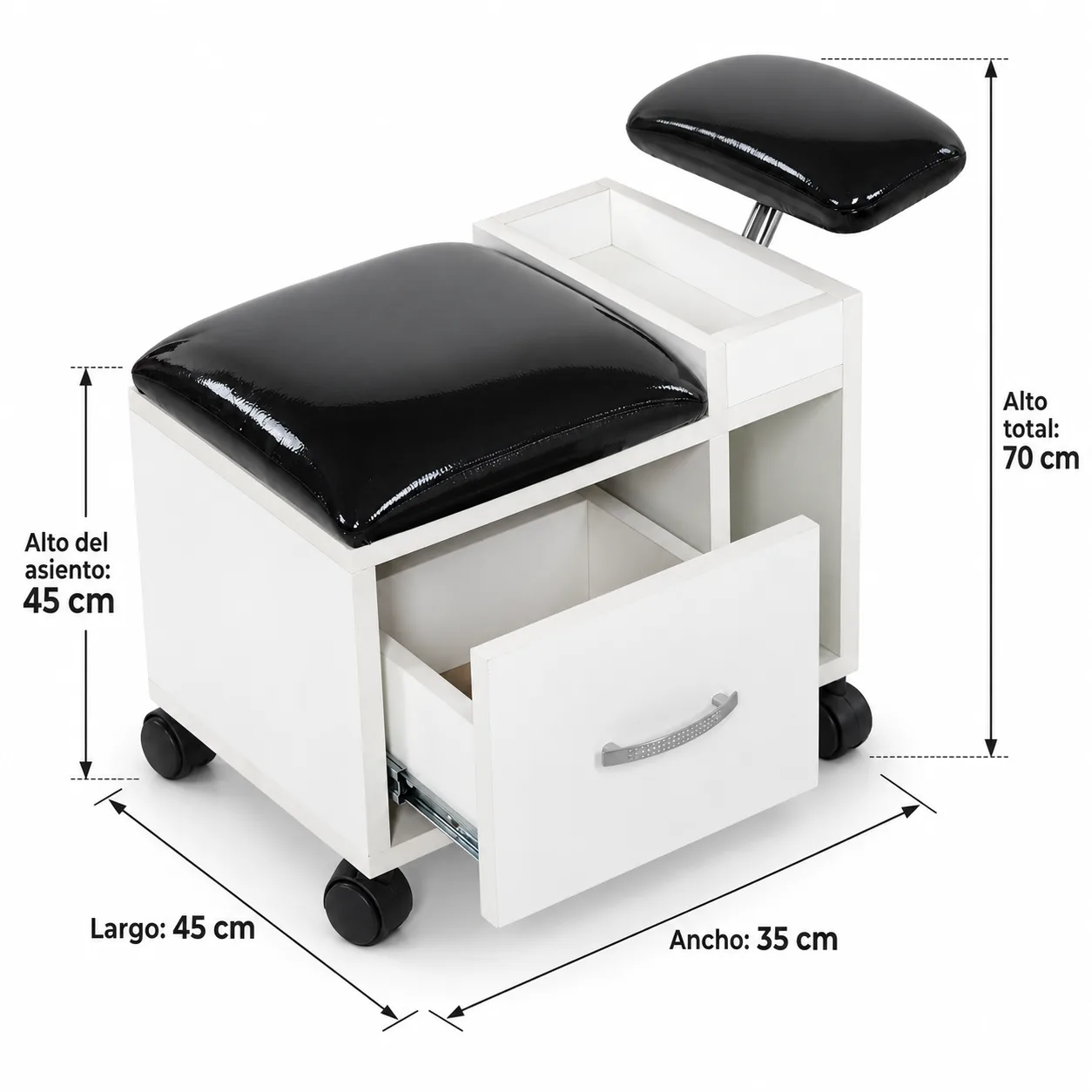 Taburete de Pedicure con Cajón y Reposapiés Reclinable — Blanco y Negro