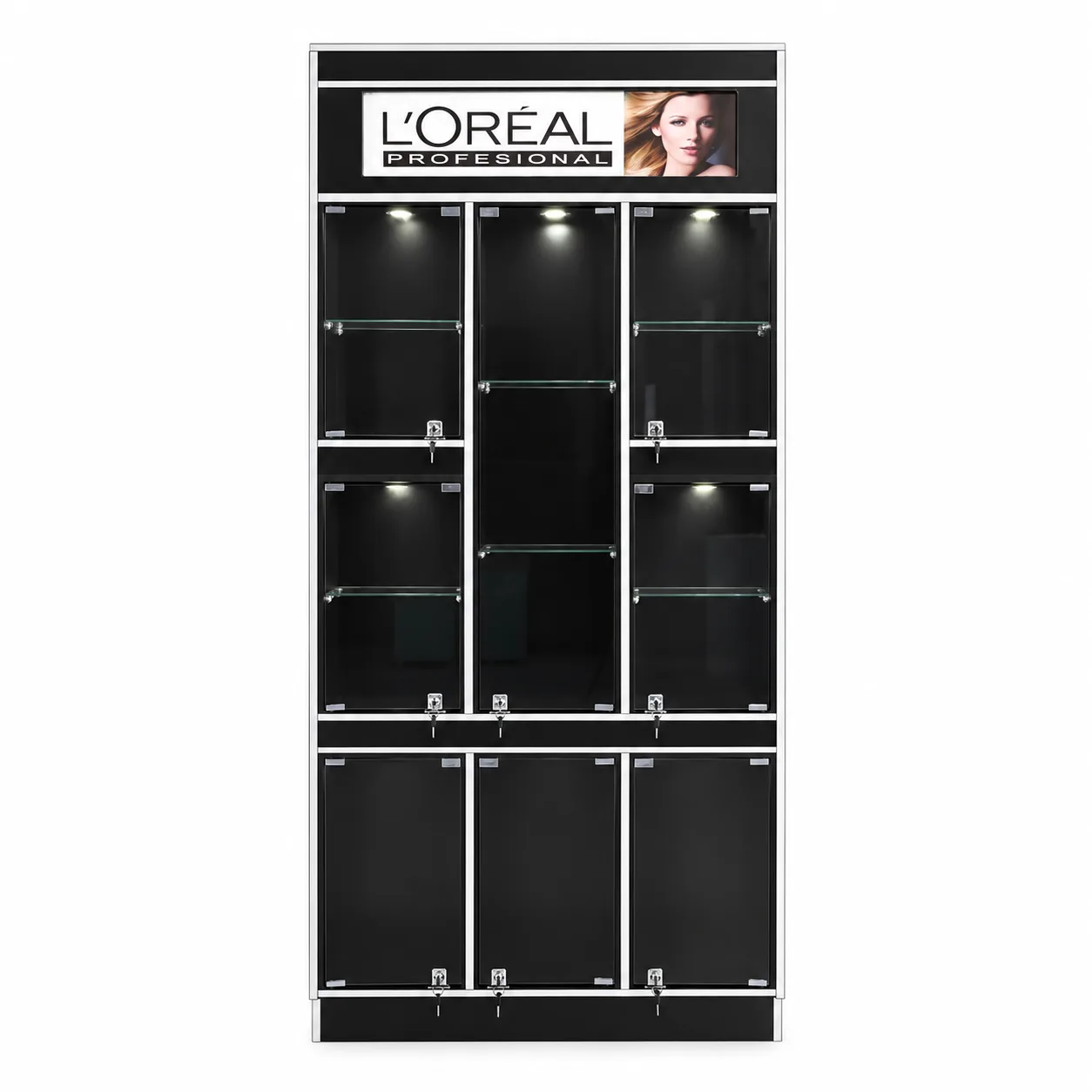 Vitrina Exhibidora Negra Borde Blanco y Cerradura Nova