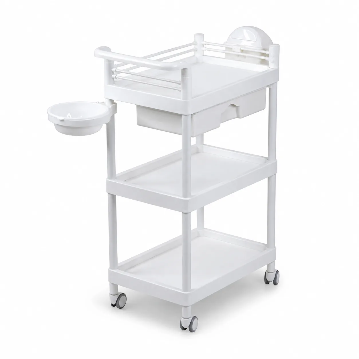 Carrito Auxiliar Estético de 3 Niveles con Cajón y Bandeja Lateral – Blanco