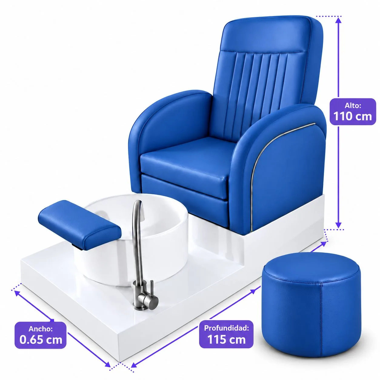 Sillón de Pedicure Azul con Tina, Grifería y Banqueta Nael
