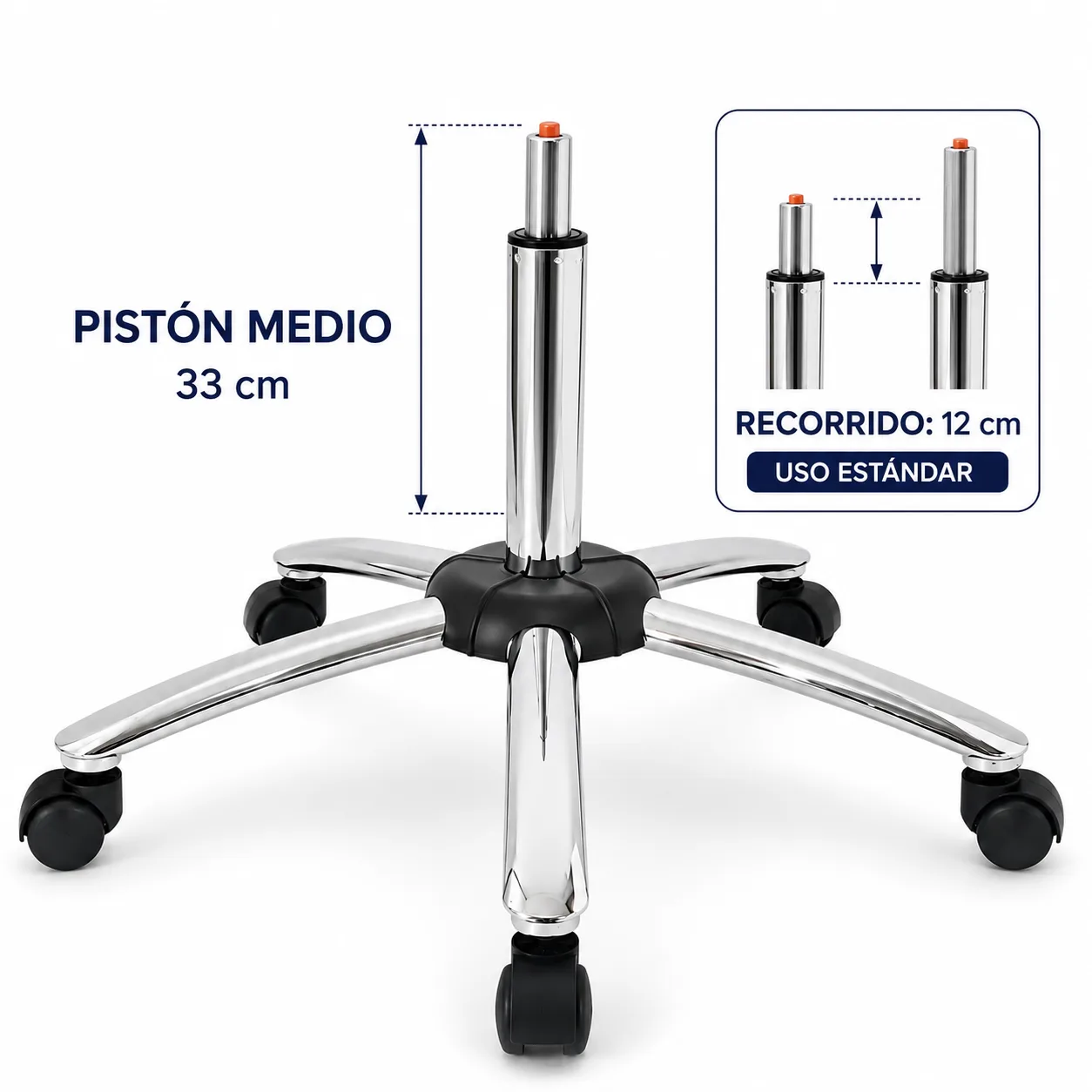 Base Hidráulica Media con Pistón de 33 cm y Ruedas Cromadas